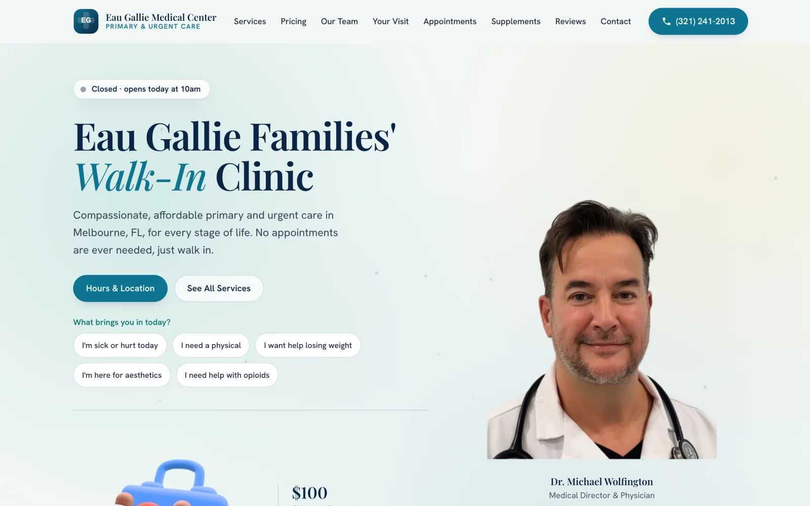 The Eau Gallie Medical Center homepage, headed Eau Gallie Families' Walk-In Clinic