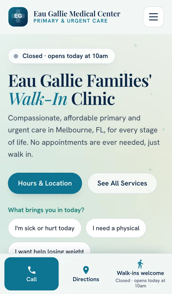 The Eau Gallie Medical Center site on a phone, with call and directions buttons pinned to the bottom