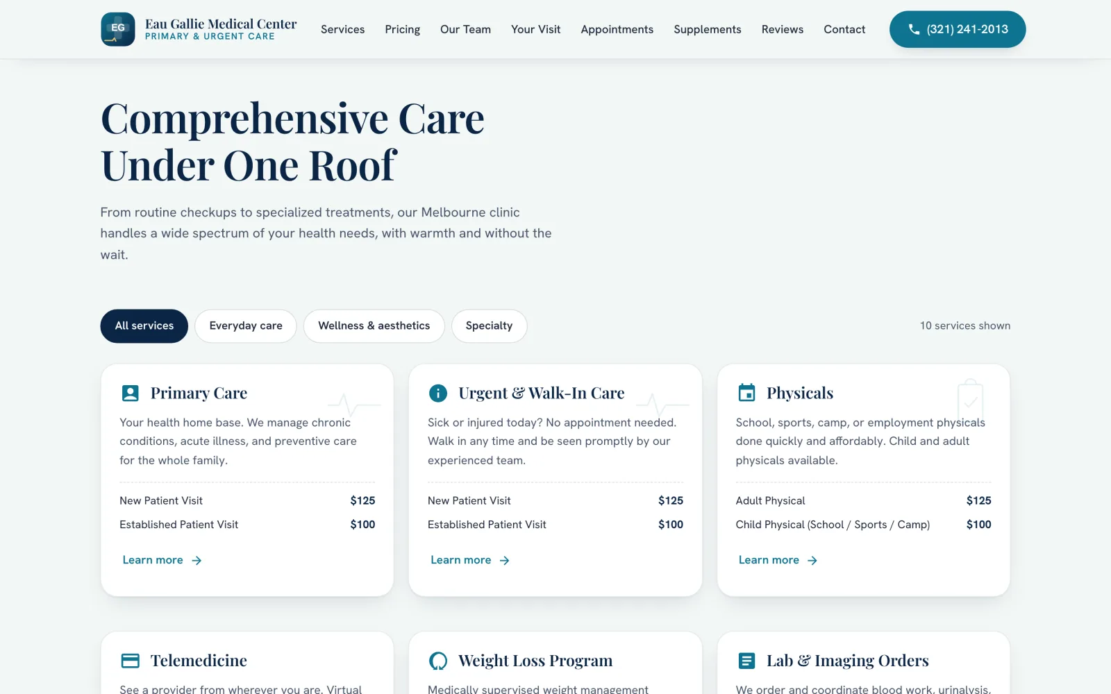 The services section of the Eau Gallie Medical Center site, with prices listed under each service